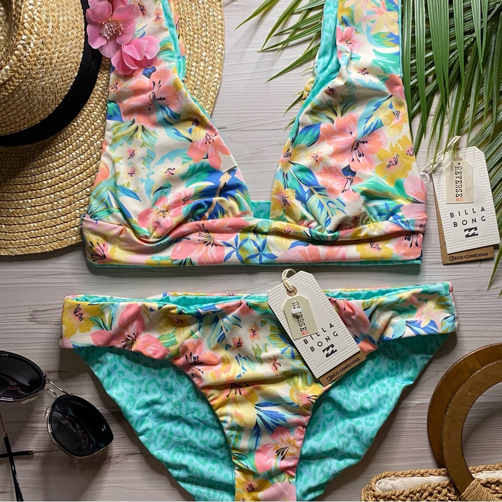 Billabong โข Sweet Tropics Reversible Floral Plunge Bikini Top | Lowrider Bottoms - Picture 1 of 16